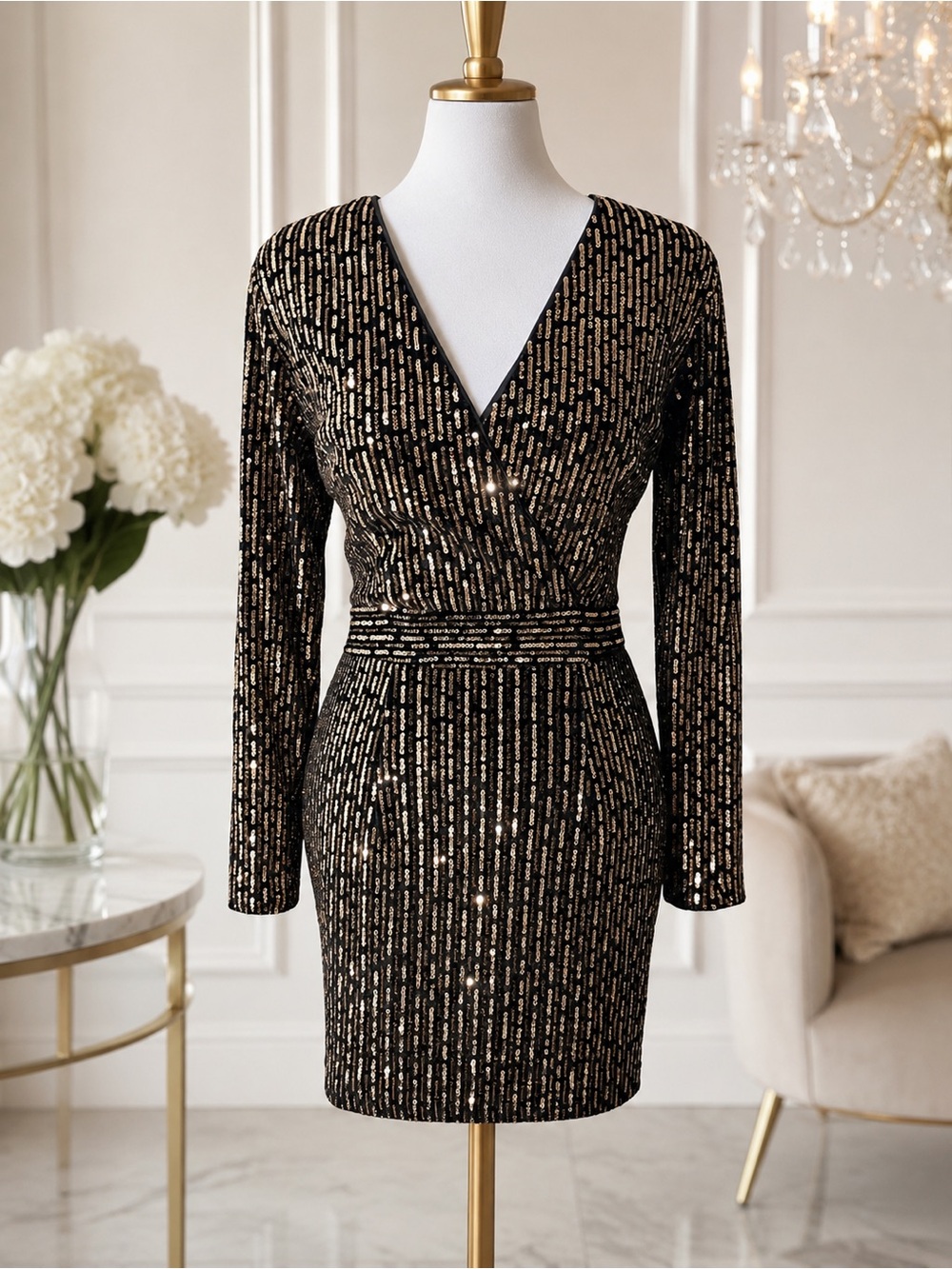 Quiz Elegant Black and Gold Sequin Dress - NWT